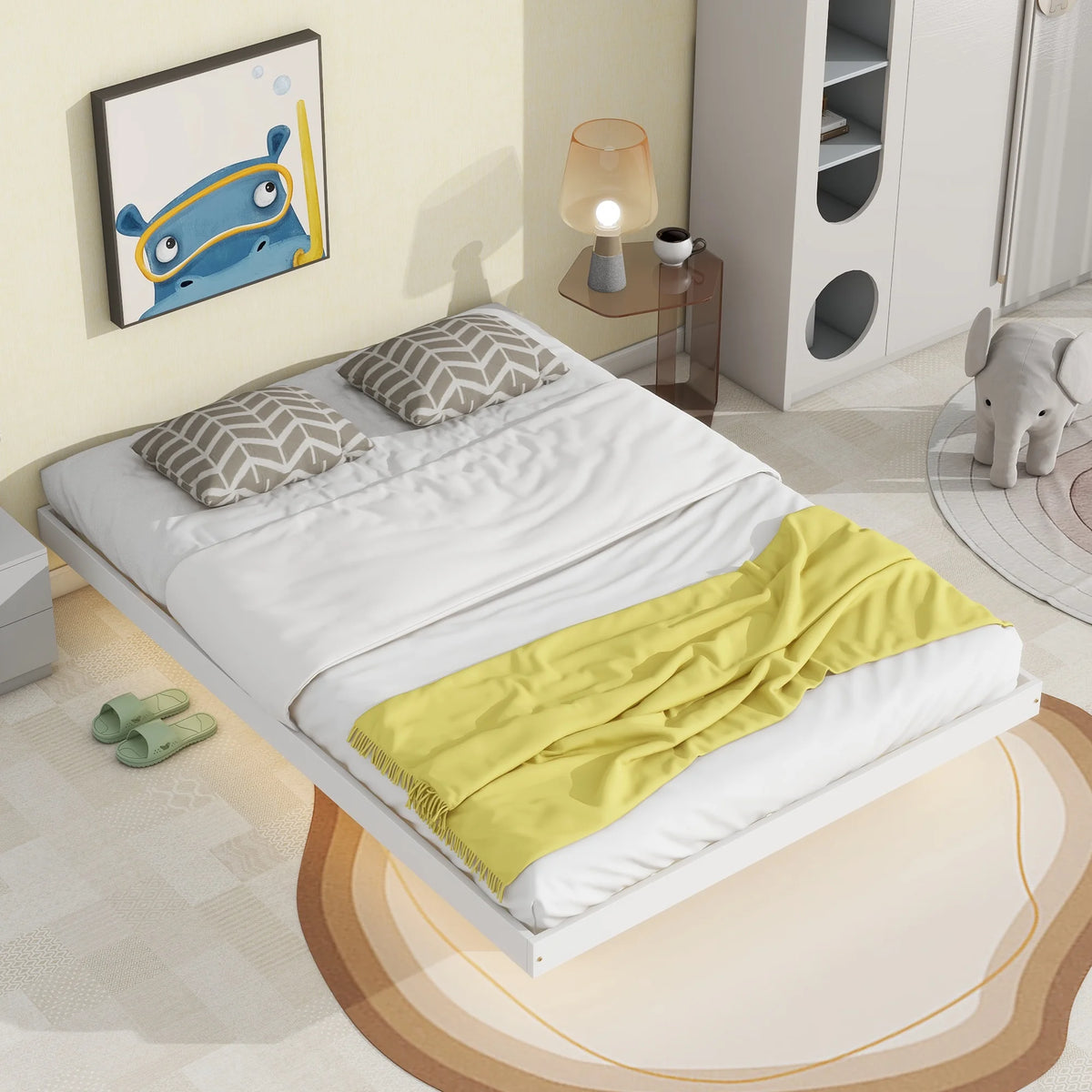 White Full Size Floating Bed Frame with LED Lights L9355