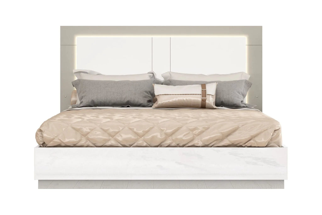 White & Taupe High Gloss Queen Size Bed Frame with LED Headboard T38979