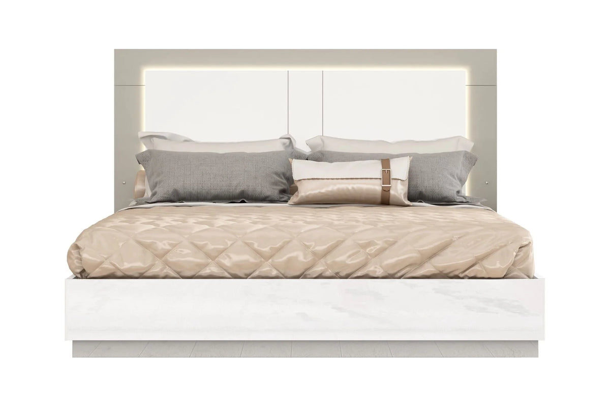 White & Taupe High Gloss Queen Size Bed Frame with LED Headboard T38979