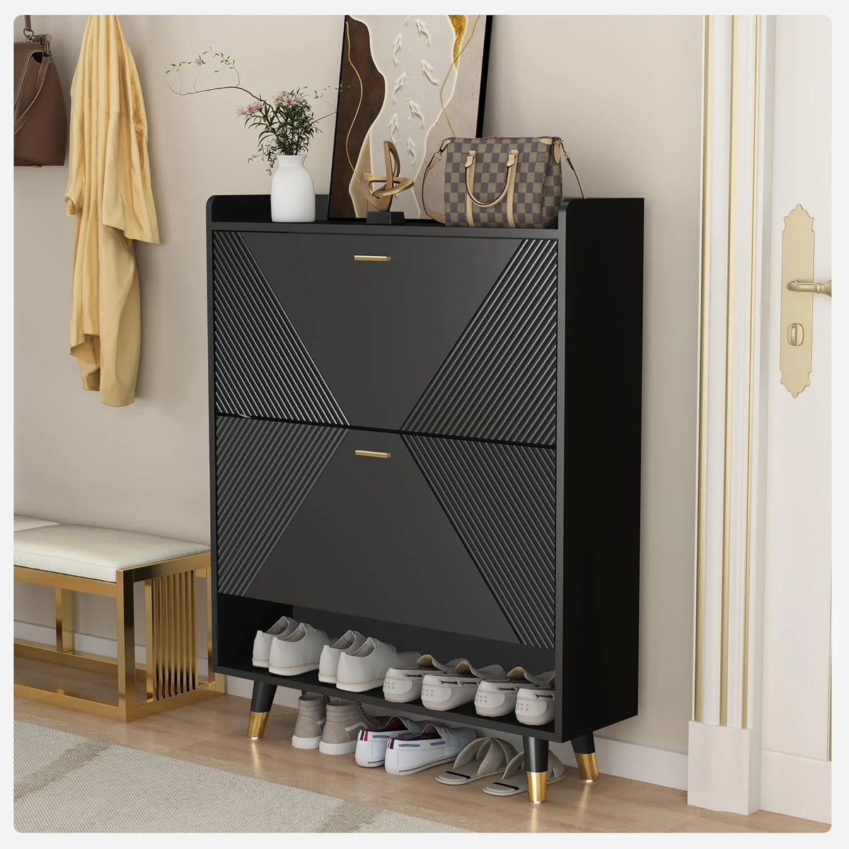 Black Slim 2 Flip Drawer Wood Shoe Cabinet C612297