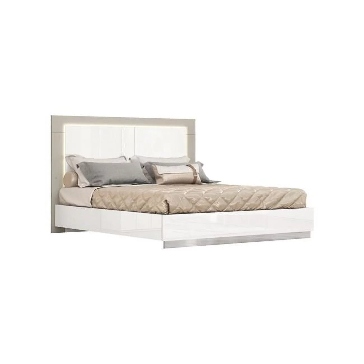 White & Taupe High Gloss Queen Size Bed Frame with LED Headboard T38979