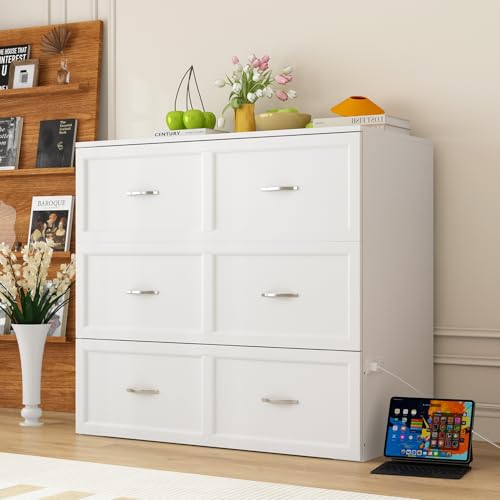 White Twin Size Murphy Bed with Charging Station and Drawer T396
