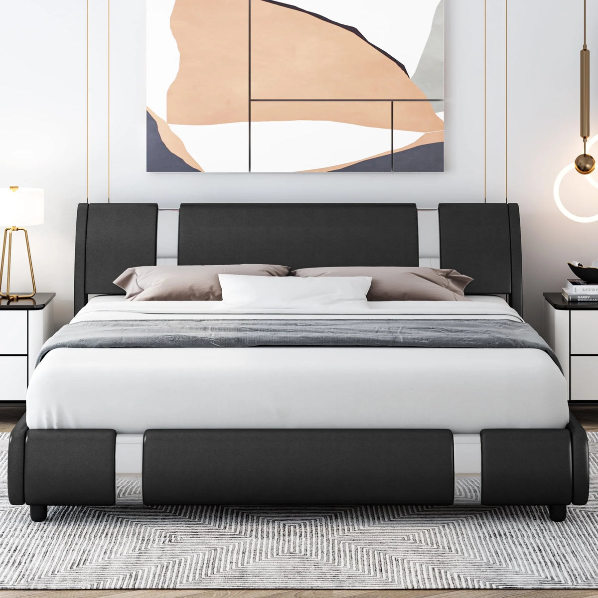 Full Size Leather Upholstered Platform Bed Frame with White Headboard L4695