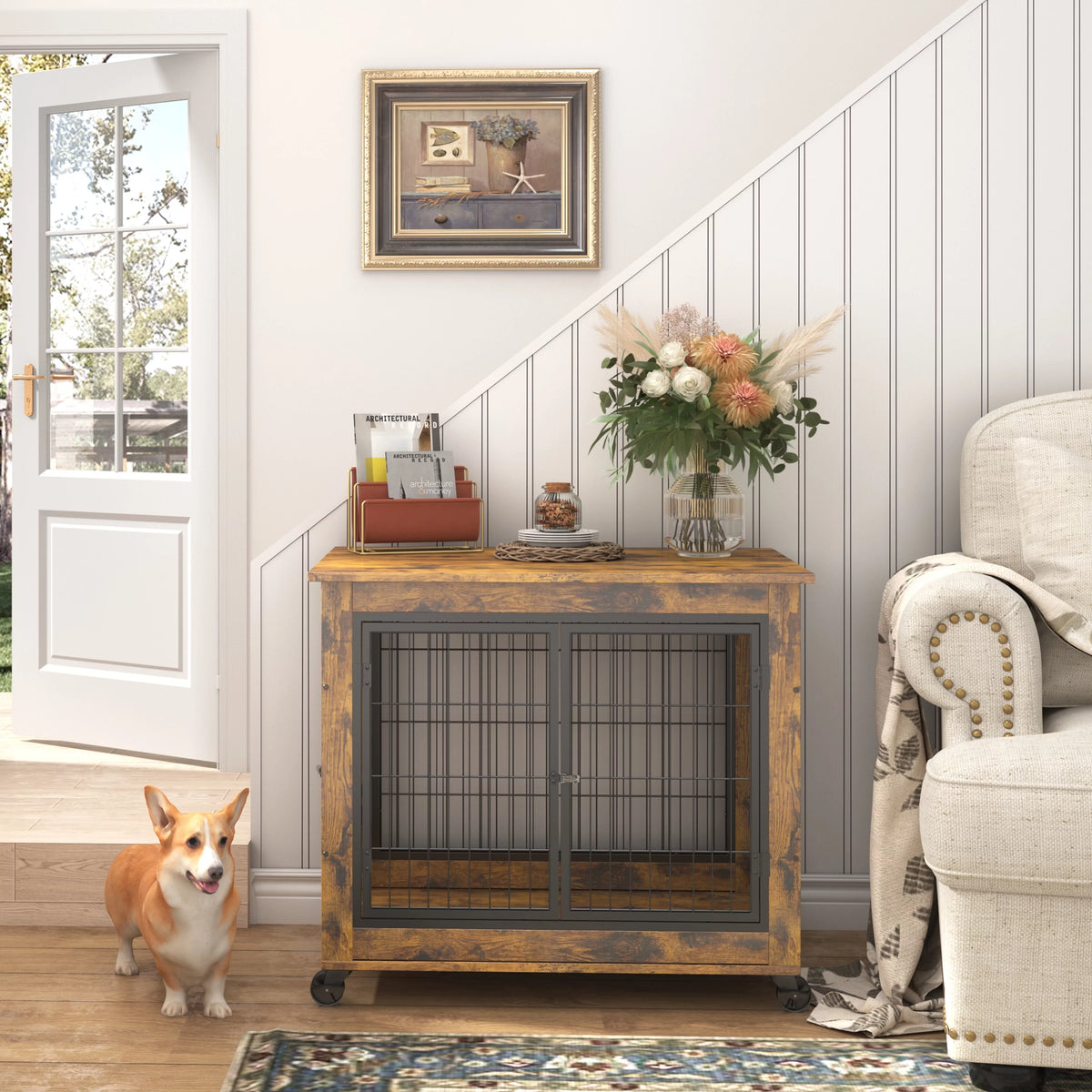 Furniture Dog Cage Crate with Double Doors on Casters C111