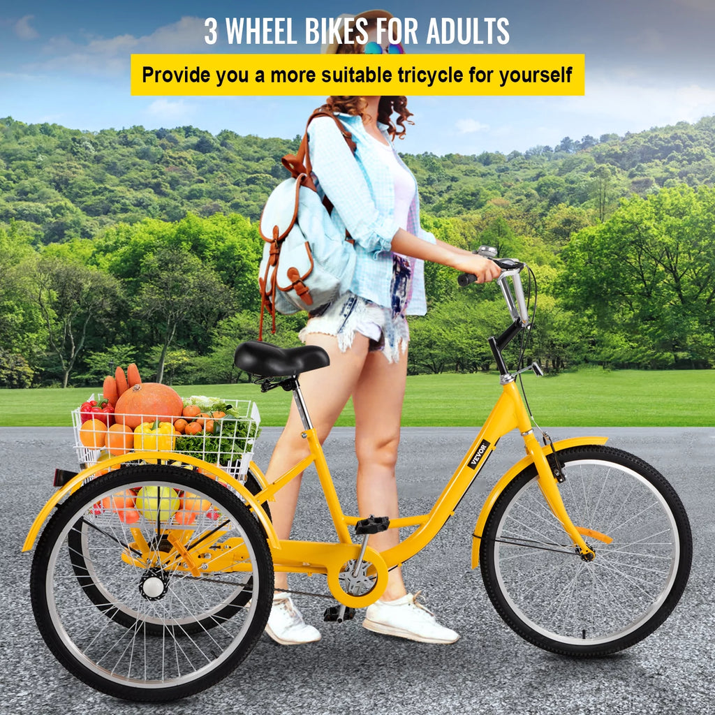 24 inch 1-Speed Yellow Adult Tricycle with Cargo Basket X5315