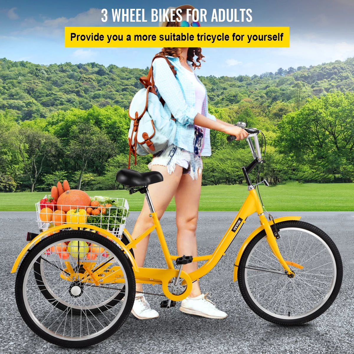 24 inch 1-Speed Yellow Adult Tricycle with Cargo Basket X5315