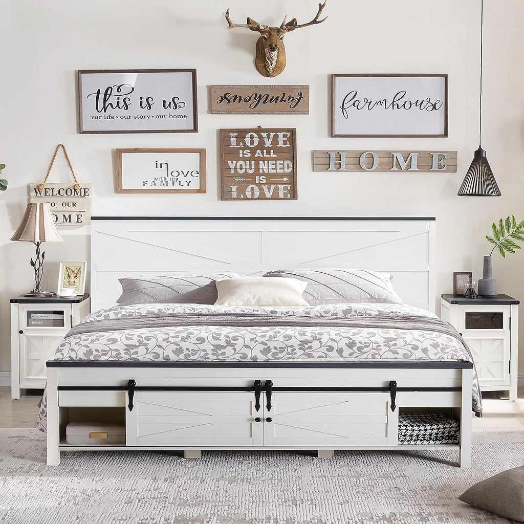 White King Size Platform Bed Frame with Headboard and Storage W8997