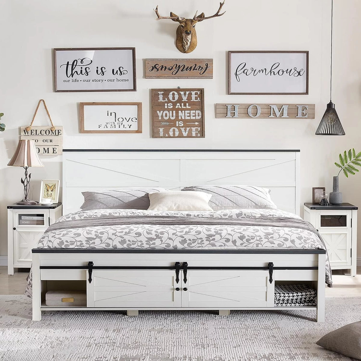 White King Size Platform Bed Frame with Headboard and Storage W8997