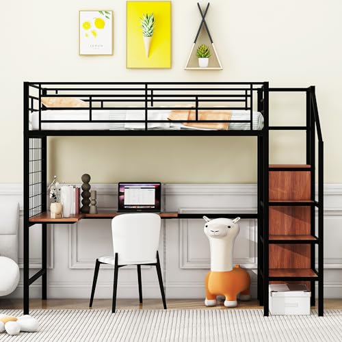 Twin Size Black Metal Loft Bed with Wardrobe and L-Shape Desk B6697