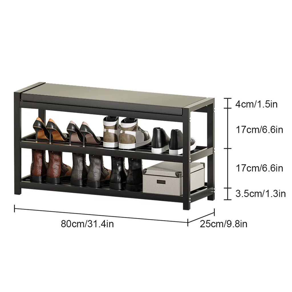2-Tier Gray Shoe Rack Bench with Vegan Leather Seat B462