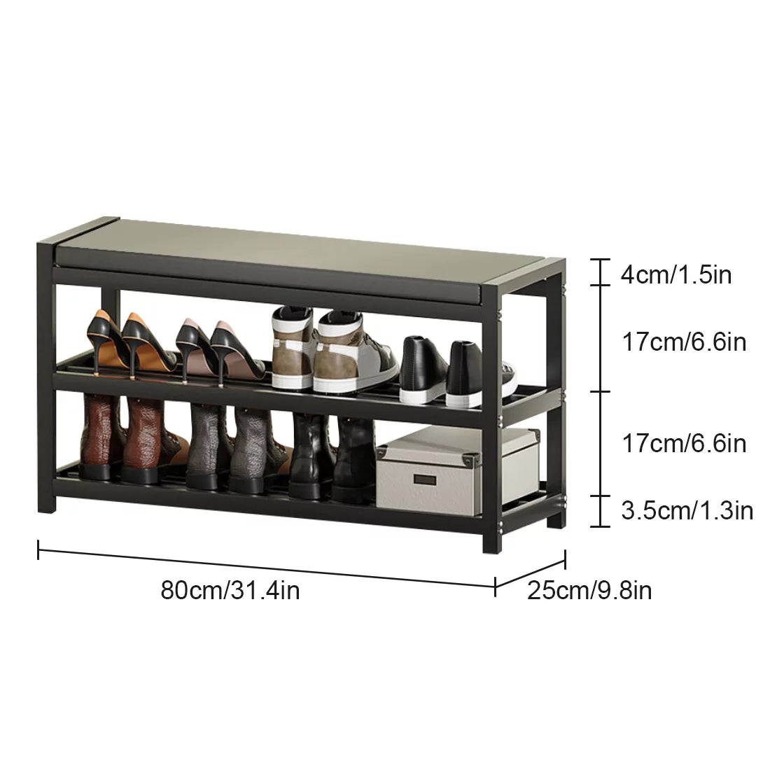 2-Tier Gray Shoe Rack Bench with Vegan Leather Seat B462