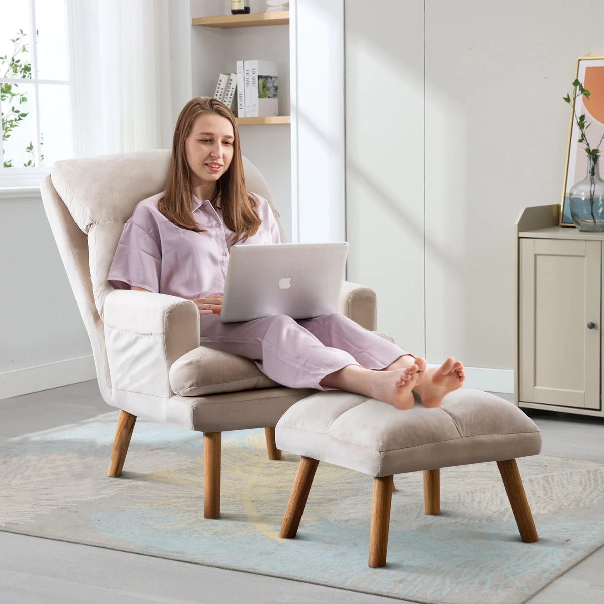 Beige Velvet Accent Chair with Ottoman J478