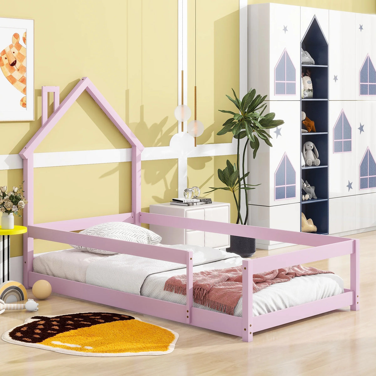 White Wood House Shape Headboard Twin Size Bed Frame P786160