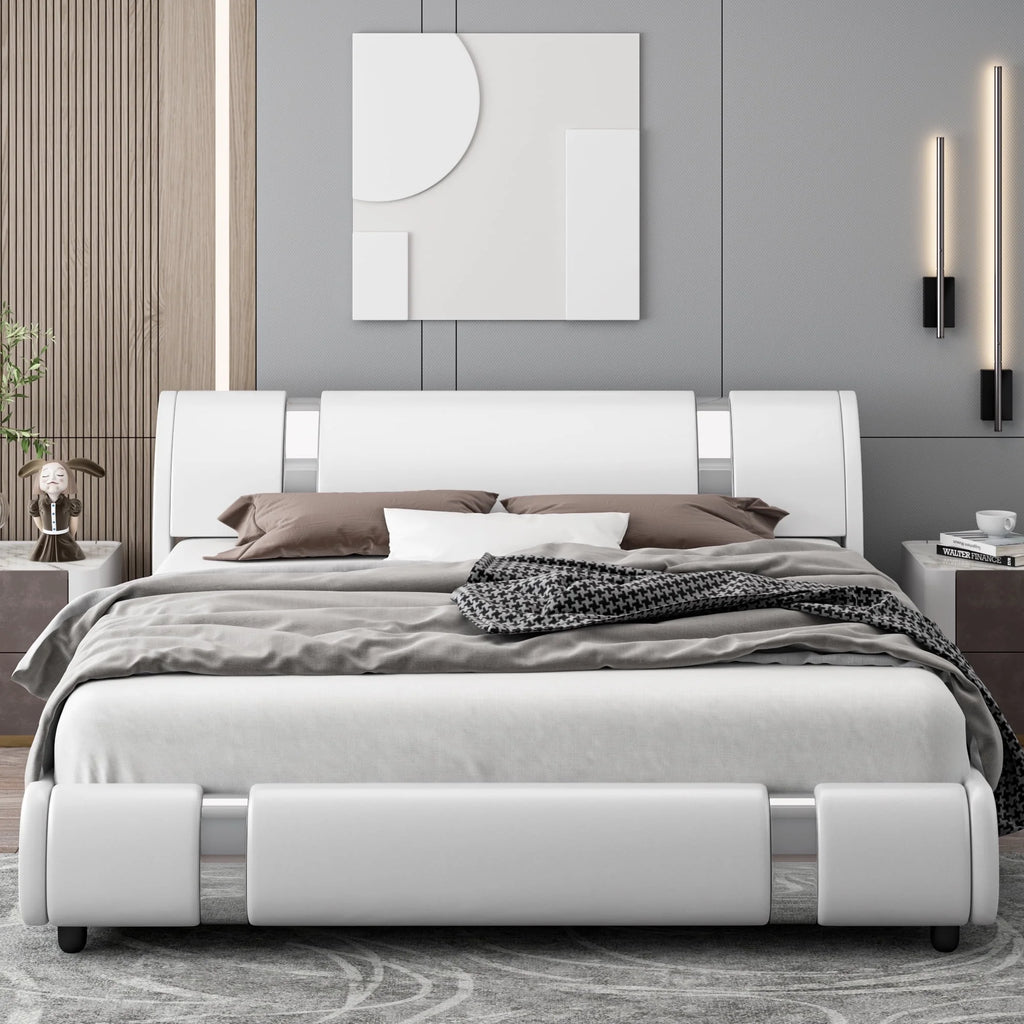 Full Size Leather Upholstered Platform Bed Frame with White Headboard L4695