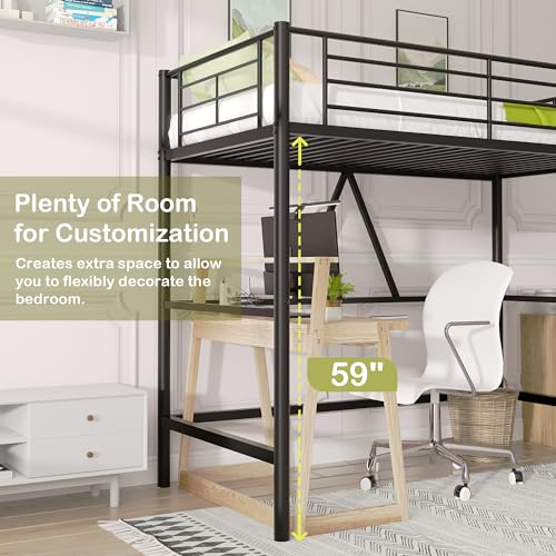 Twin Size Off White Metal Loft Bed with Ladder and Guardrail O5514