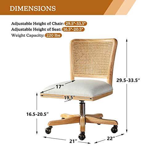 Upholstered Armless Swivel Desk Chair with Rattan Mid-Back L941